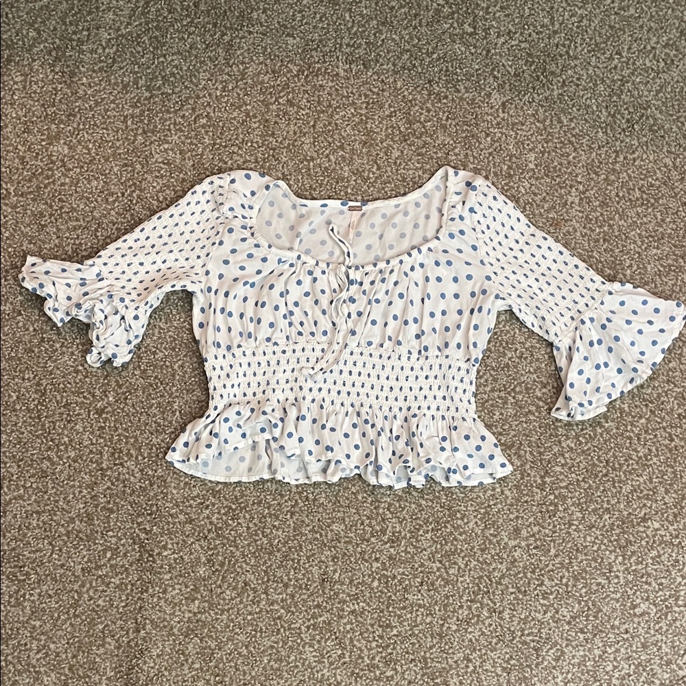 Free People Polka Dot 3/4 Sleeved Cropped Blouse